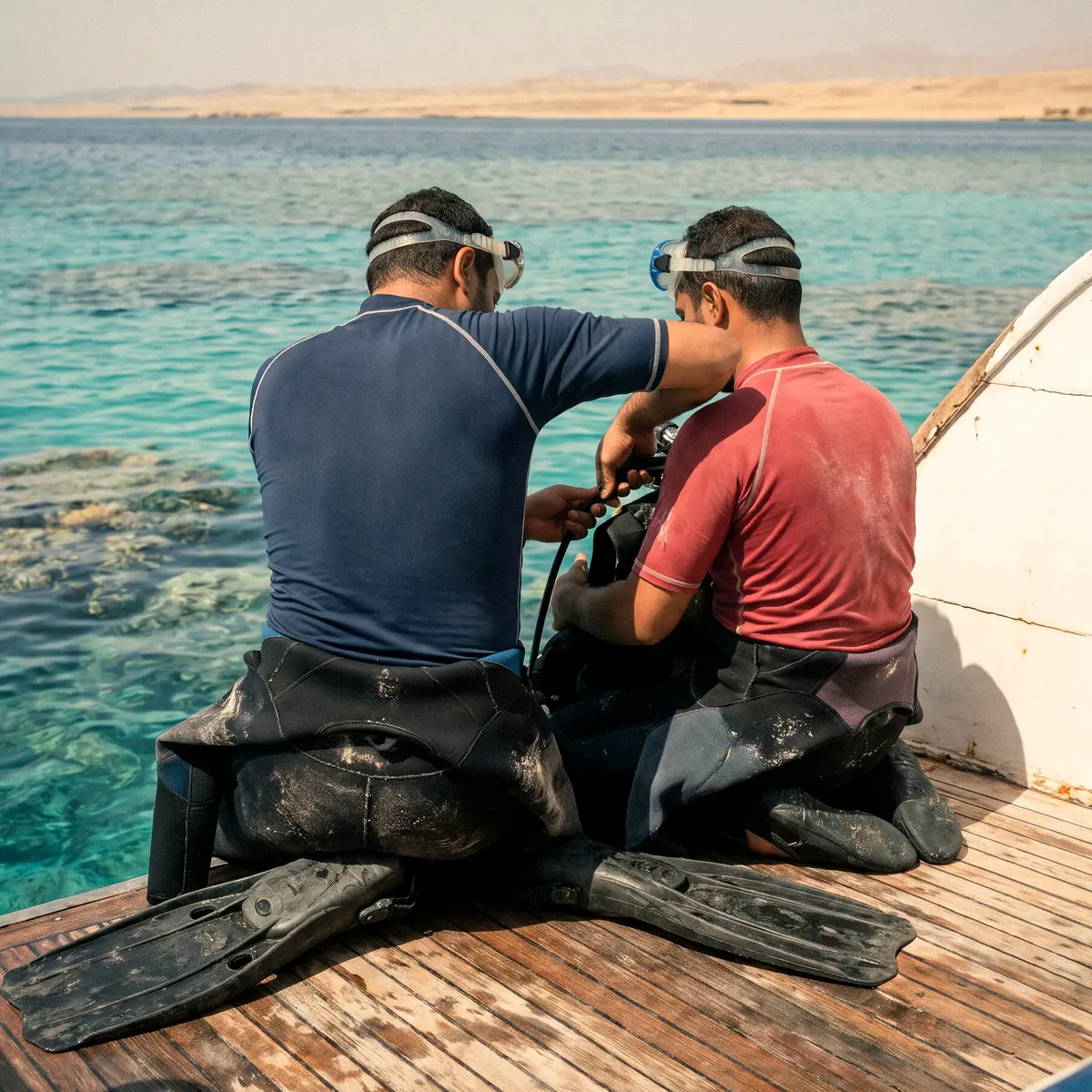 Two divers checking each other's gear on a liveaboard dive platform