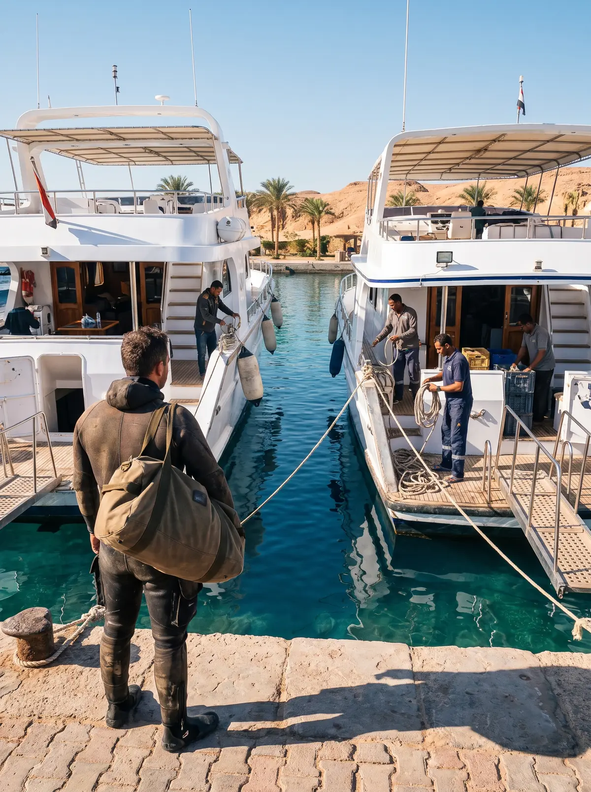 A diver on the quay choosing between two liveaboards